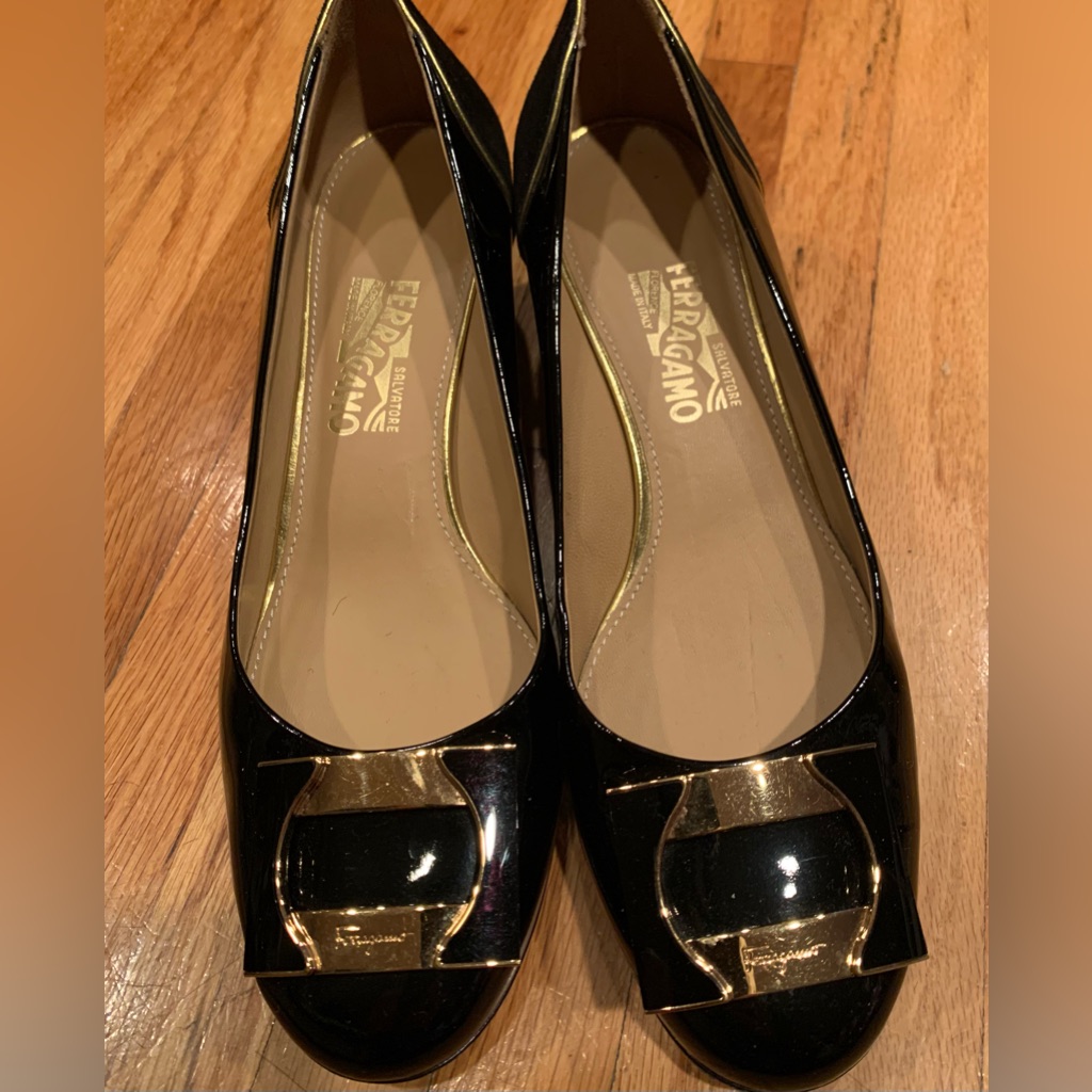 Salvatore Ferragamo Black Patent Leather & Suede Missy Ballet Flats